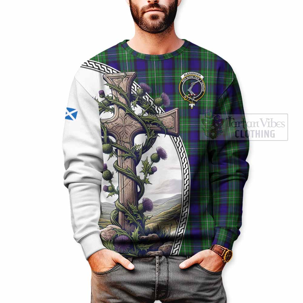 Tartan Vibes Clothing Alexander Tartan Sweatshirt with Family Crest and St. Andrew's Cross Accented by Thistle Vines
