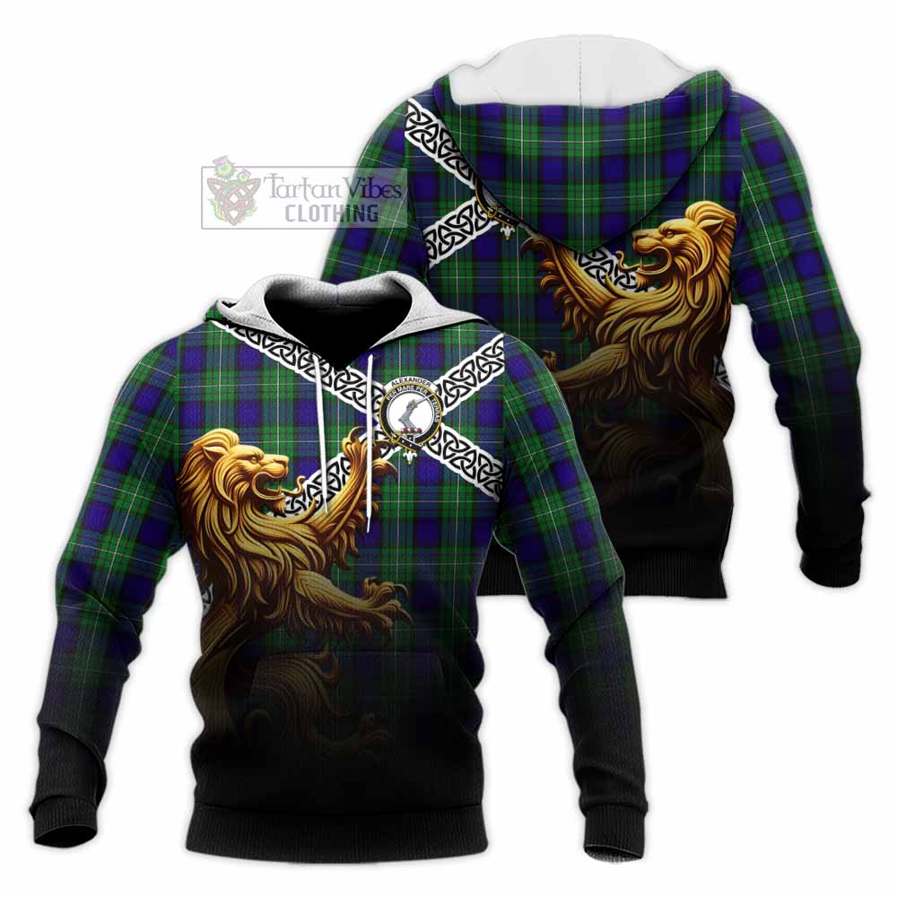 Tartan Vibes Clothing Alexander Crest Tartan Knitted Hoodie with Golden Lion Emblem Celtic Style