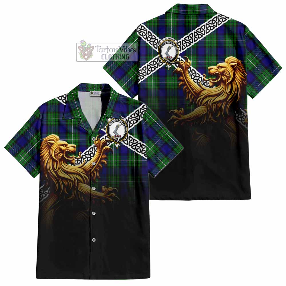 Tartan Vibes Clothing Alexander Crest Tartan Short Sleeve Button Shirt with Golden Lion Emblem Celtic Style
