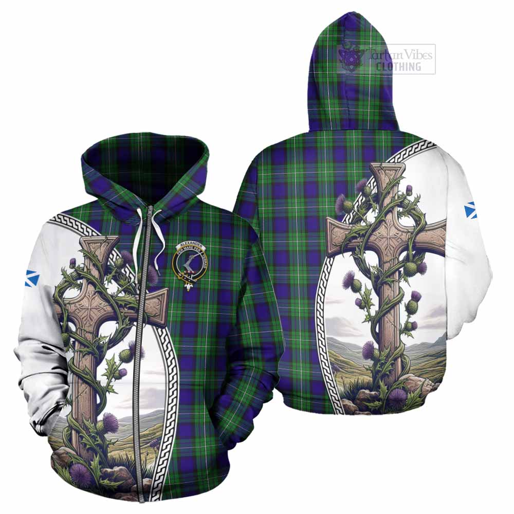 Tartan Vibes Clothing Alexander Tartan Hoodie with Family Crest and St. Andrew's Cross Accented by Thistle Vines