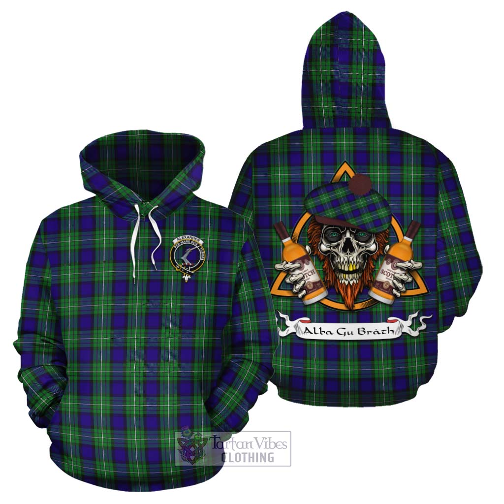 Tartan Vibes Clothing Alexander Tartan Cotton Hoodie with Family Crest and Bearded Skull Holding Bottles of Whiskey