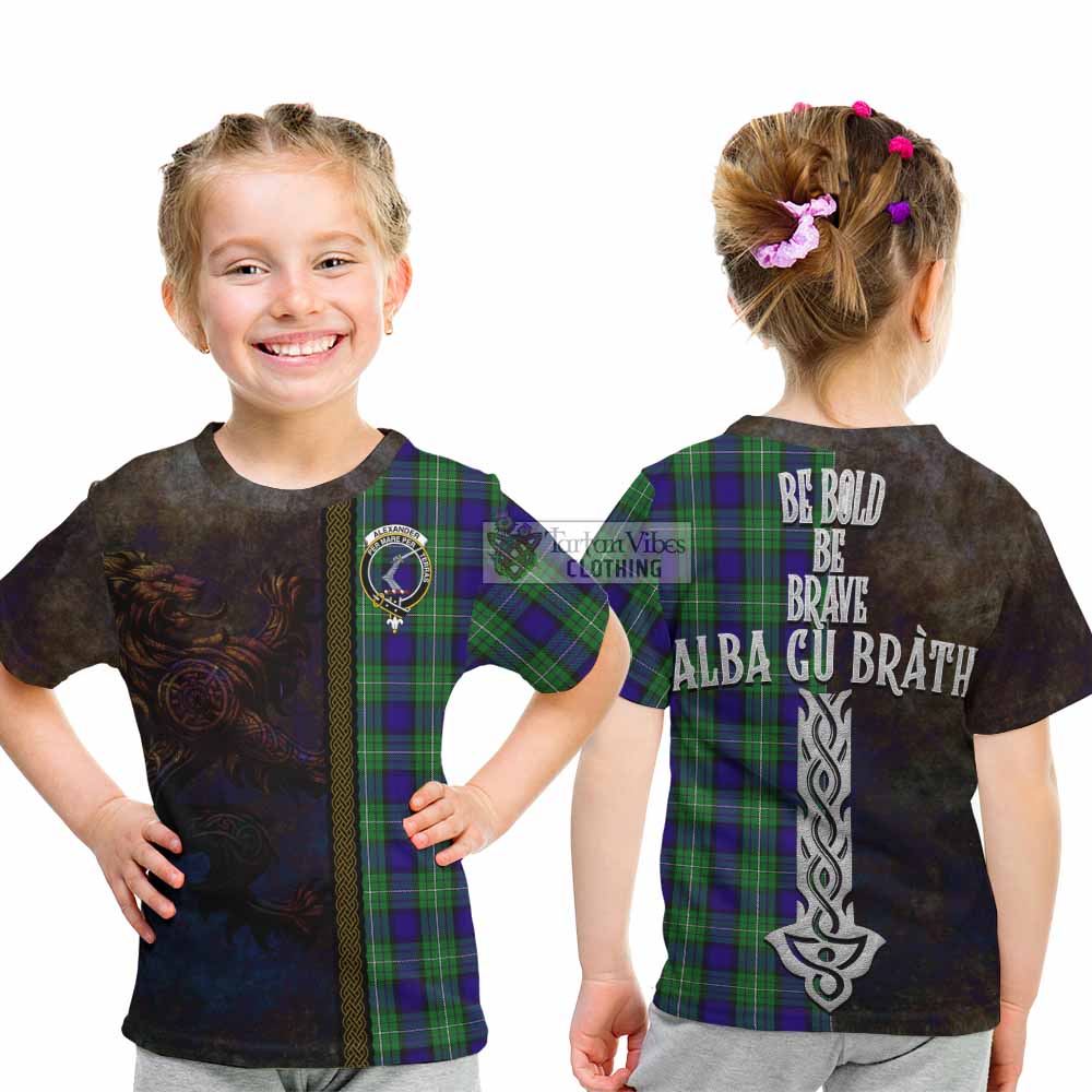 Tartan Vibes Clothing Alexander Tartan Family Crest Kid T-Shirt Alba Gu Brath Be Brave Lion Ancient Style