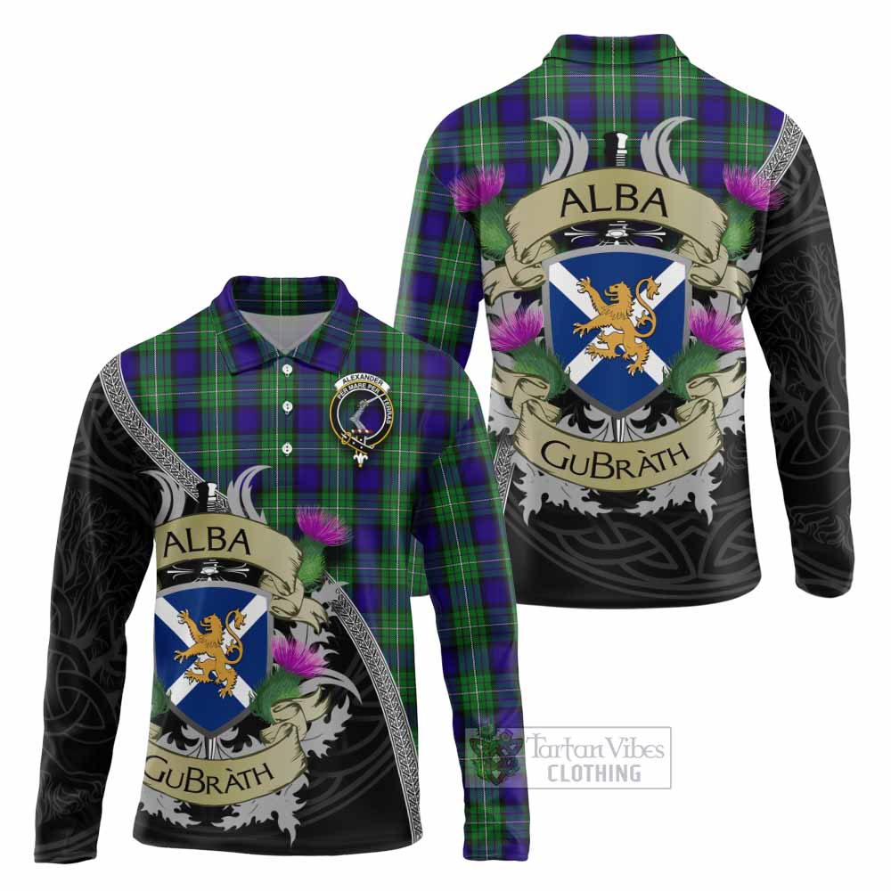 Tartan Vibes Clothing Alexander Tartan Family Crest Long Sleeve Polo Shirt Lion Rampant Royal Thistle Shield Celtic Inspired