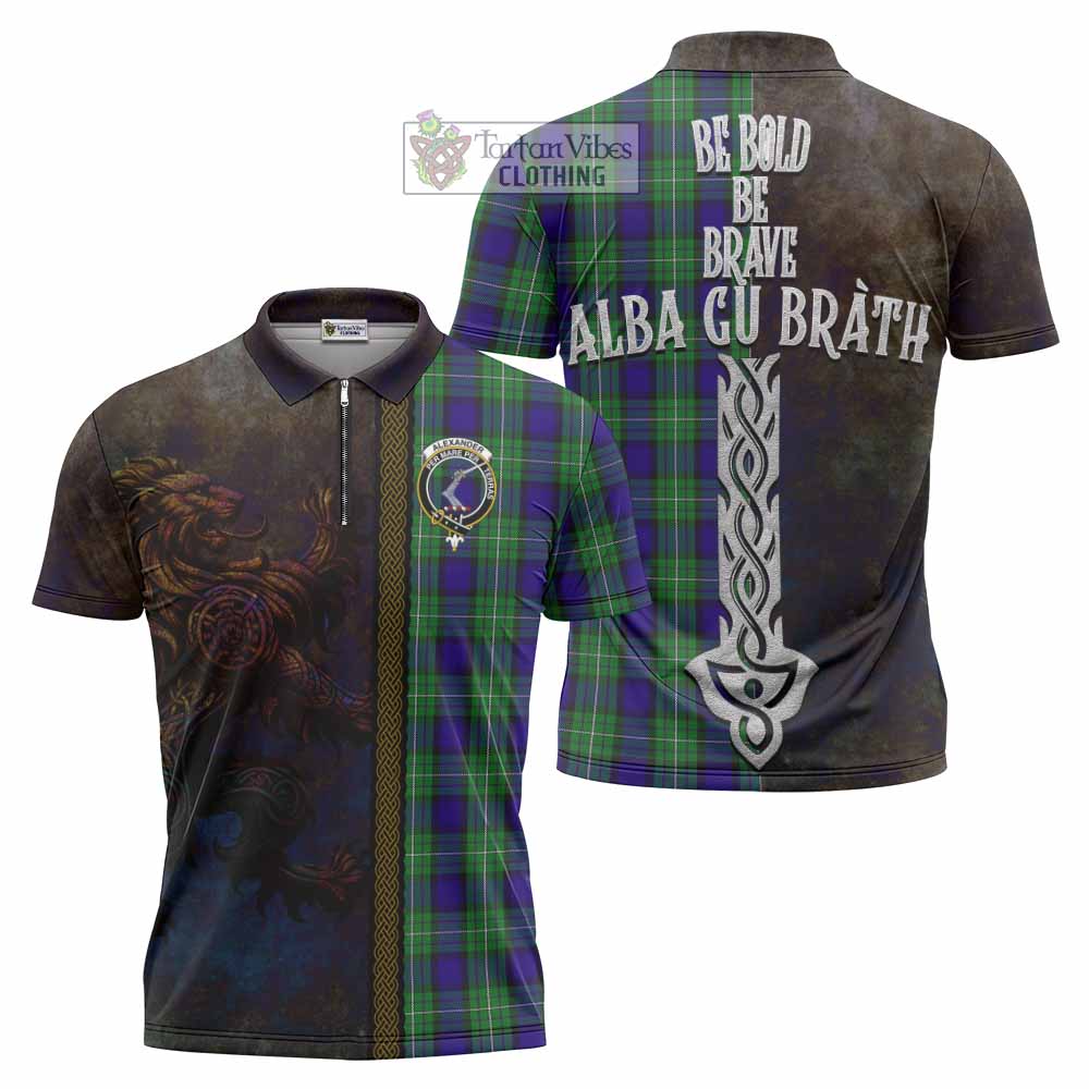 Tartan Vibes Clothing Alexander Tartan Family Crest Zipper Polo Shirt Alba Gu Brath Be Brave Lion Ancient Style