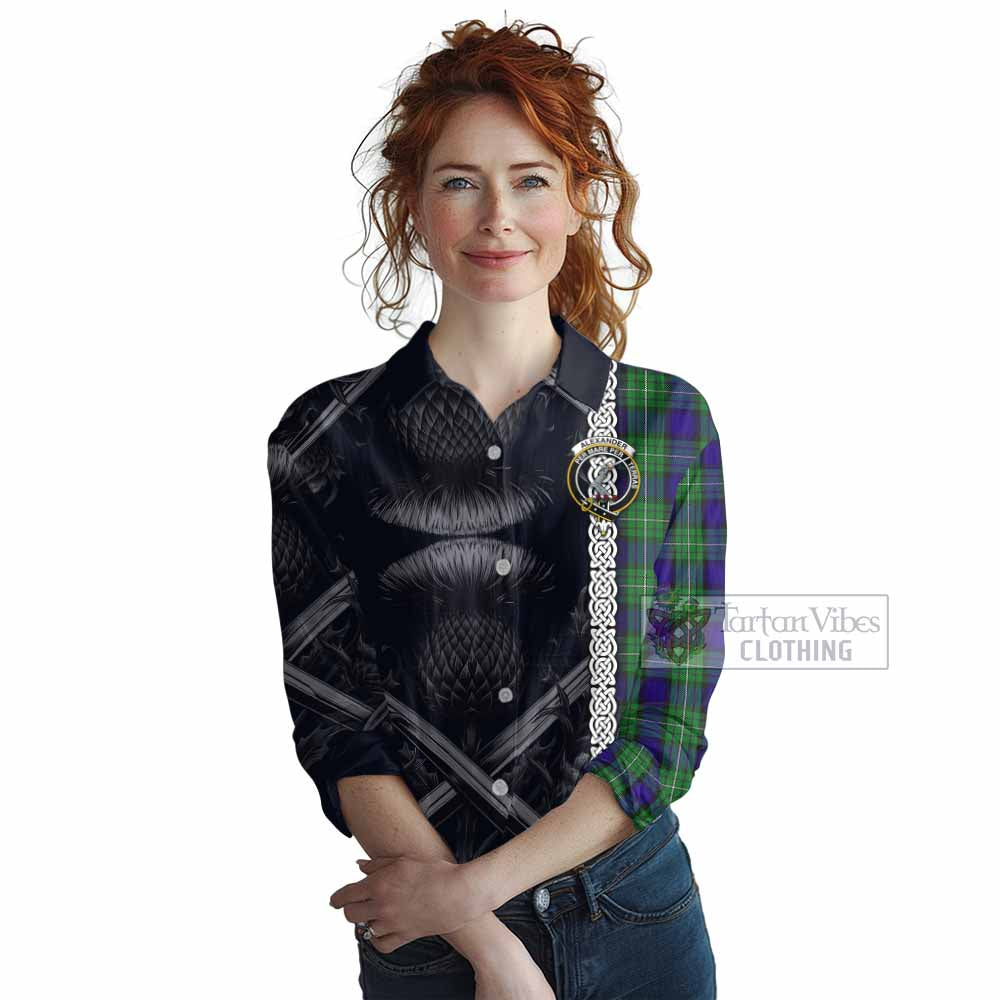 Tartan Vibes Clothing Alexander Tartan Women's Casual Shirt with Family Crest Cross Sword Thistle Celtic Vibes