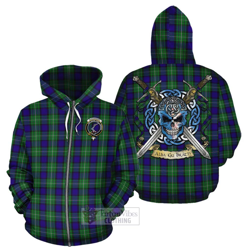 Tartan Vibes Clothing Alexander Tartan Cotton Hoodie with Family Crest Celtic Skull Style