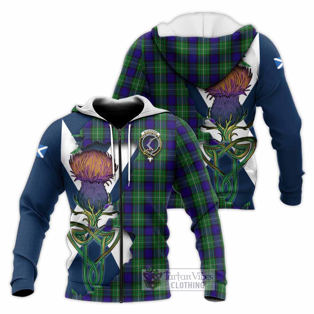 Tartan Vibes Clothing Alexander Tartan Family Crest Knitted Hoodie Scottish Thistle Celtic Inspired