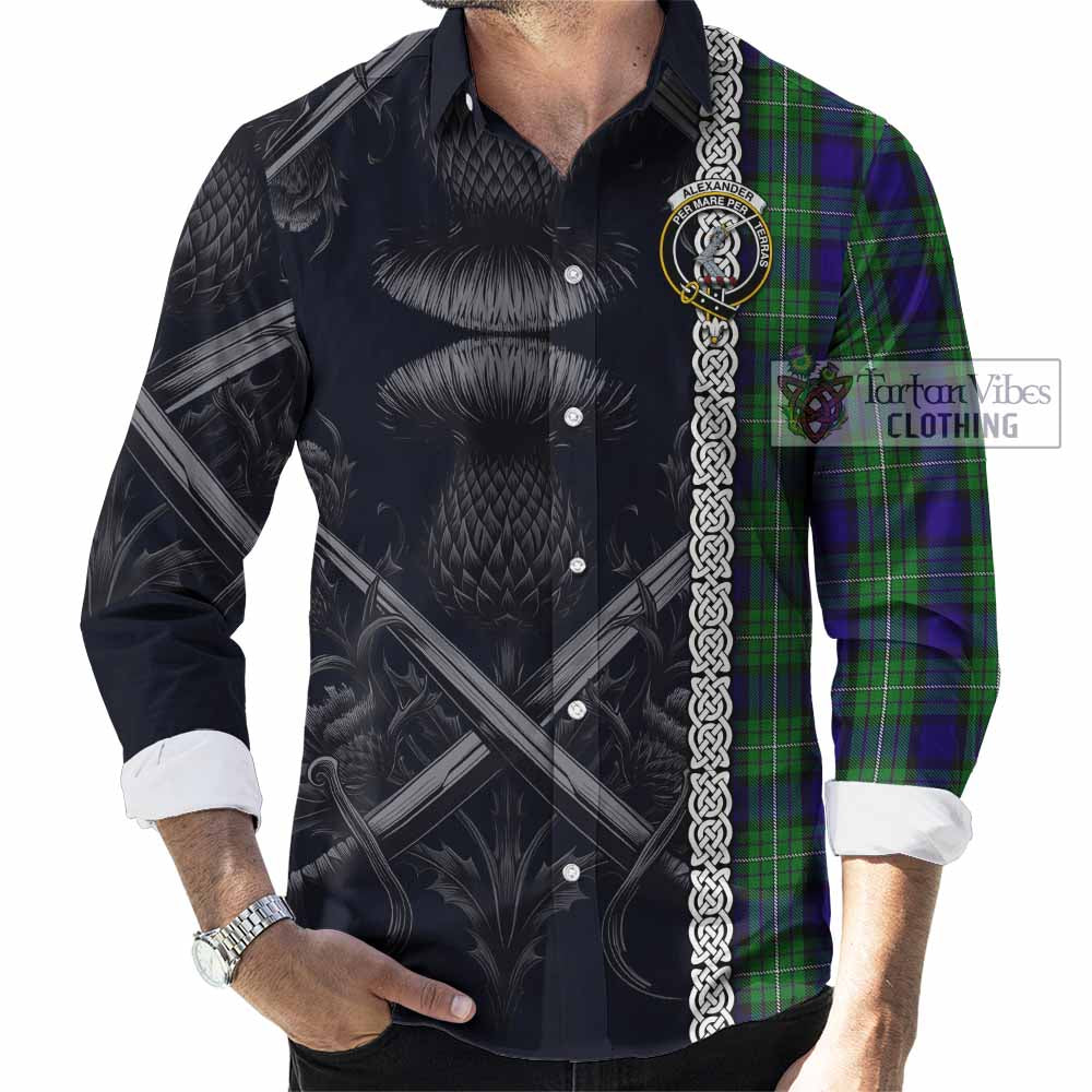 Tartan Vibes Clothing Alexander Tartan Long Sleeve Button Shirt with Family Crest Cross Sword Thistle Celtic Vibes