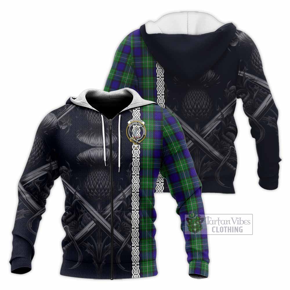 Tartan Vibes Clothing Alexander Tartan Knitted Hoodie with Family Crest Cross Sword Thistle Celtic Vibes