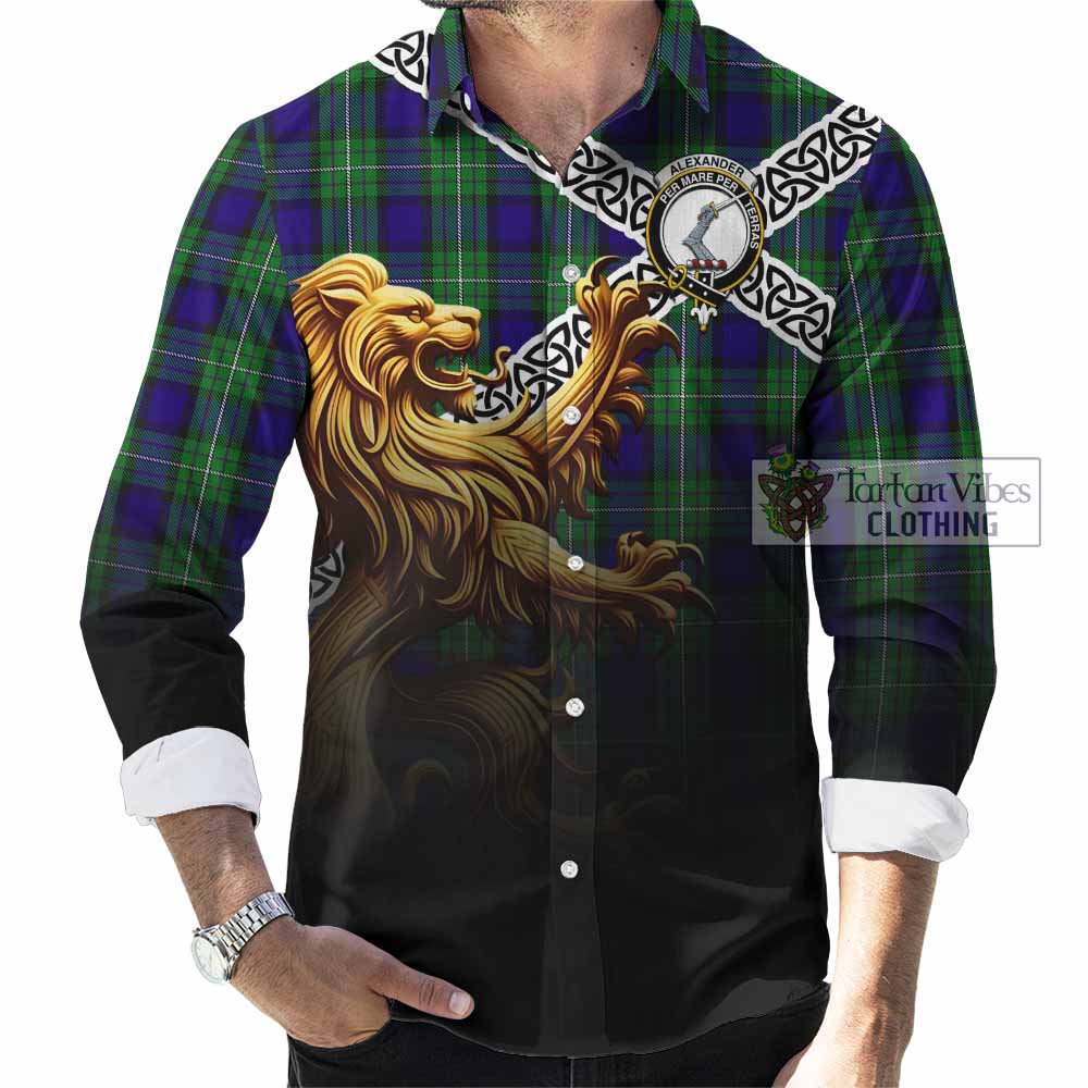 Tartan Vibes Clothing Alexander Crest Tartan Long Sleeve Button Shirt with Golden Lion Emblem Celtic Style