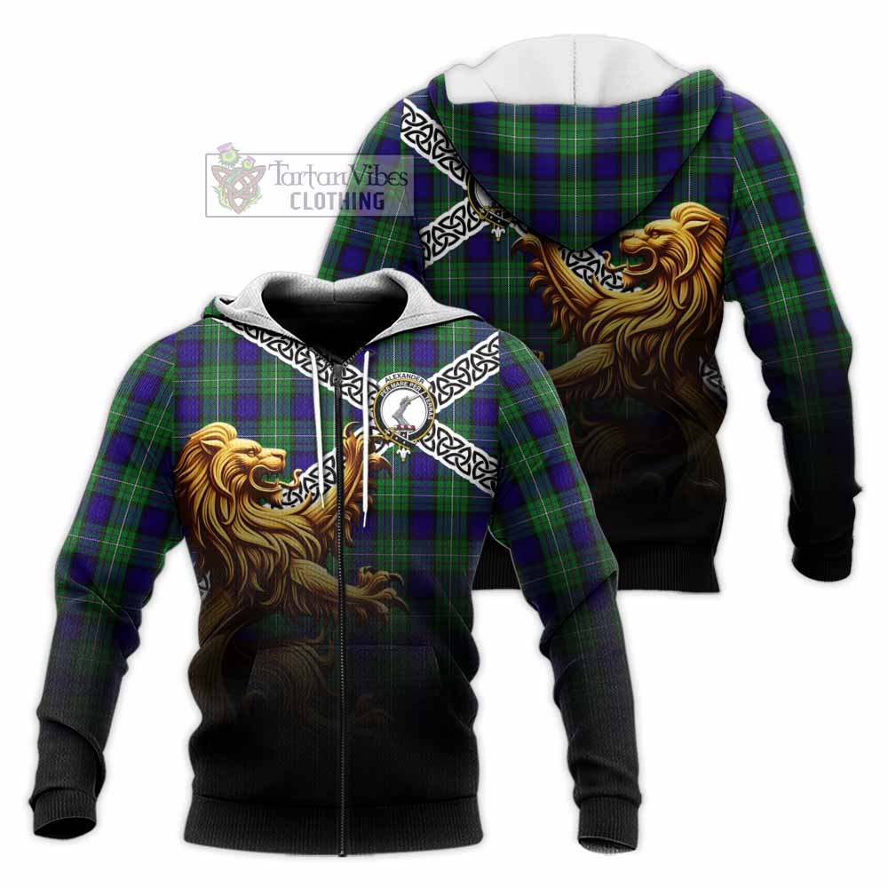 Tartan Vibes Clothing Alexander Crest Tartan Knitted Hoodie with Golden Lion Emblem Celtic Style