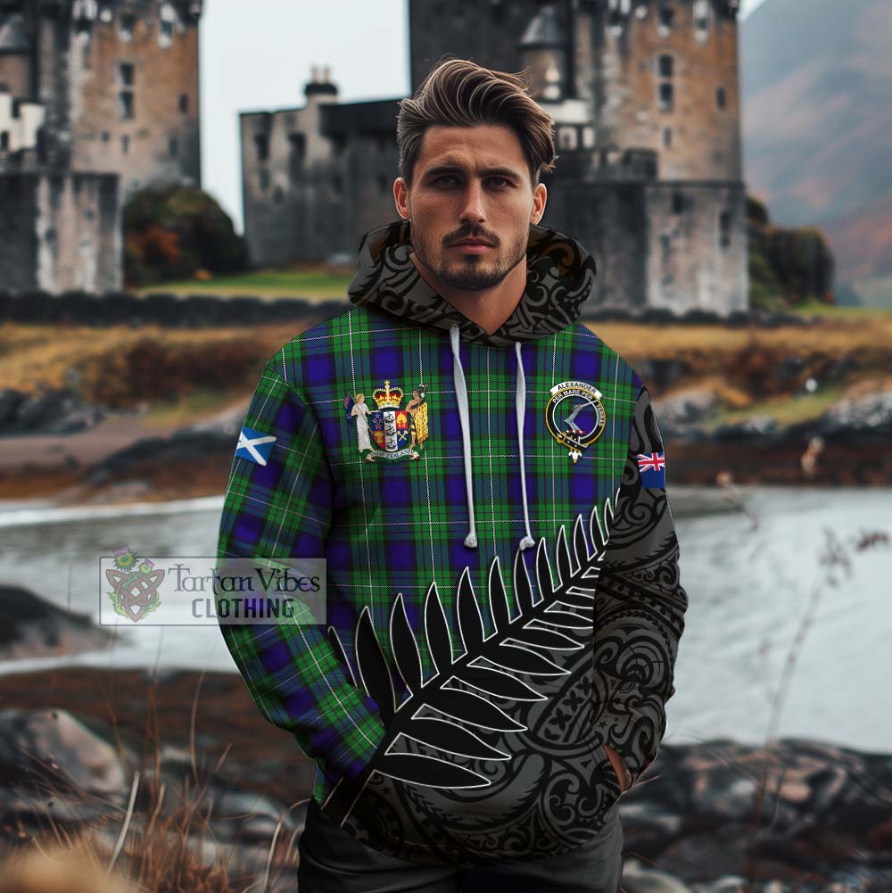 Tartan Vibes Clothing Alexander Crest Tartan Cotton Hoodie with New Zealand Silver Fern Half Style