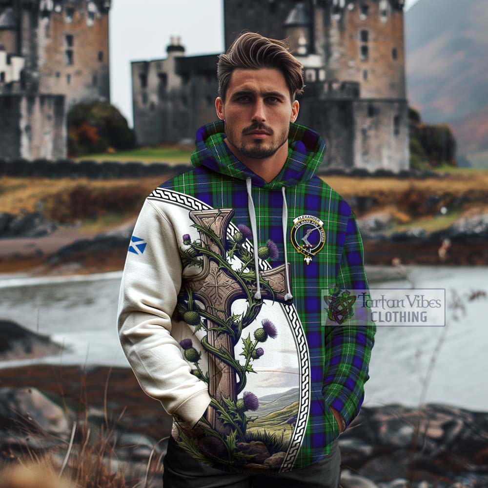 Tartan Vibes Clothing Alexander Tartan Cotton Hoodie with Family Crest and St. Andrew's Cross Accented by Thistle Vines