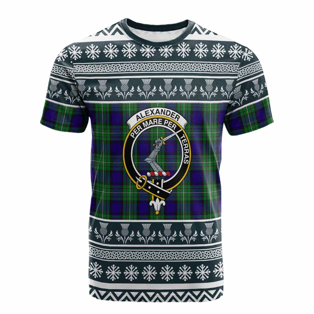 Alexander Clan Tartan Christmas Cotton T-shirt with Family Crest - Tartan Vibes Clothing