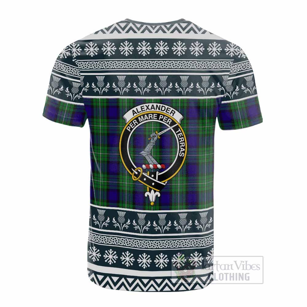 Alexander Clan Tartan Christmas Cotton T-shirt with Family Crest - Tartan Vibes Clothing