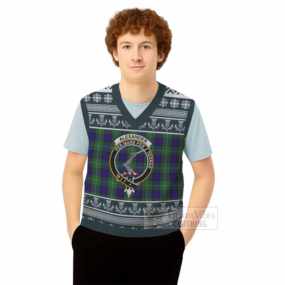Alexander Clan Tartan Christmas Knitted V-Neck Vest with Family Crest - Tartan Vibes Clothing