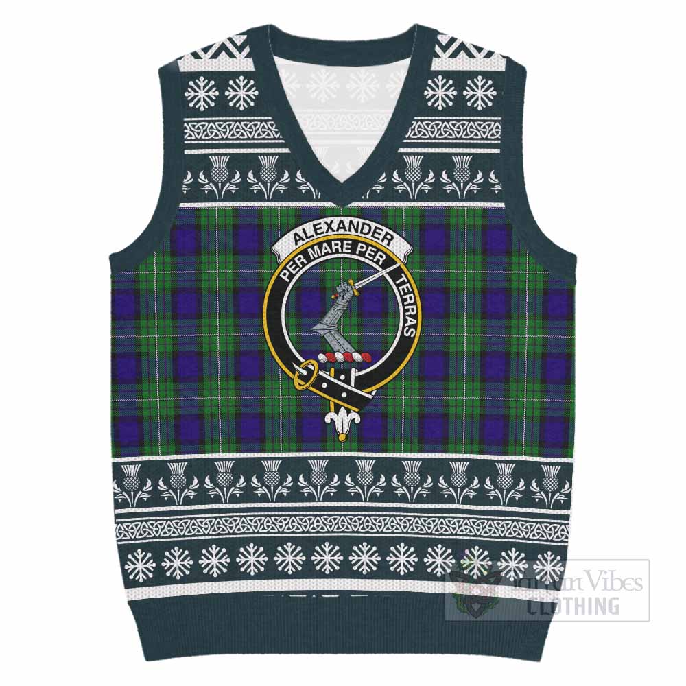 Alexander Clan Tartan Christmas Knitted V-Neck Vest with Family Crest - Tartan Vibes Clothing