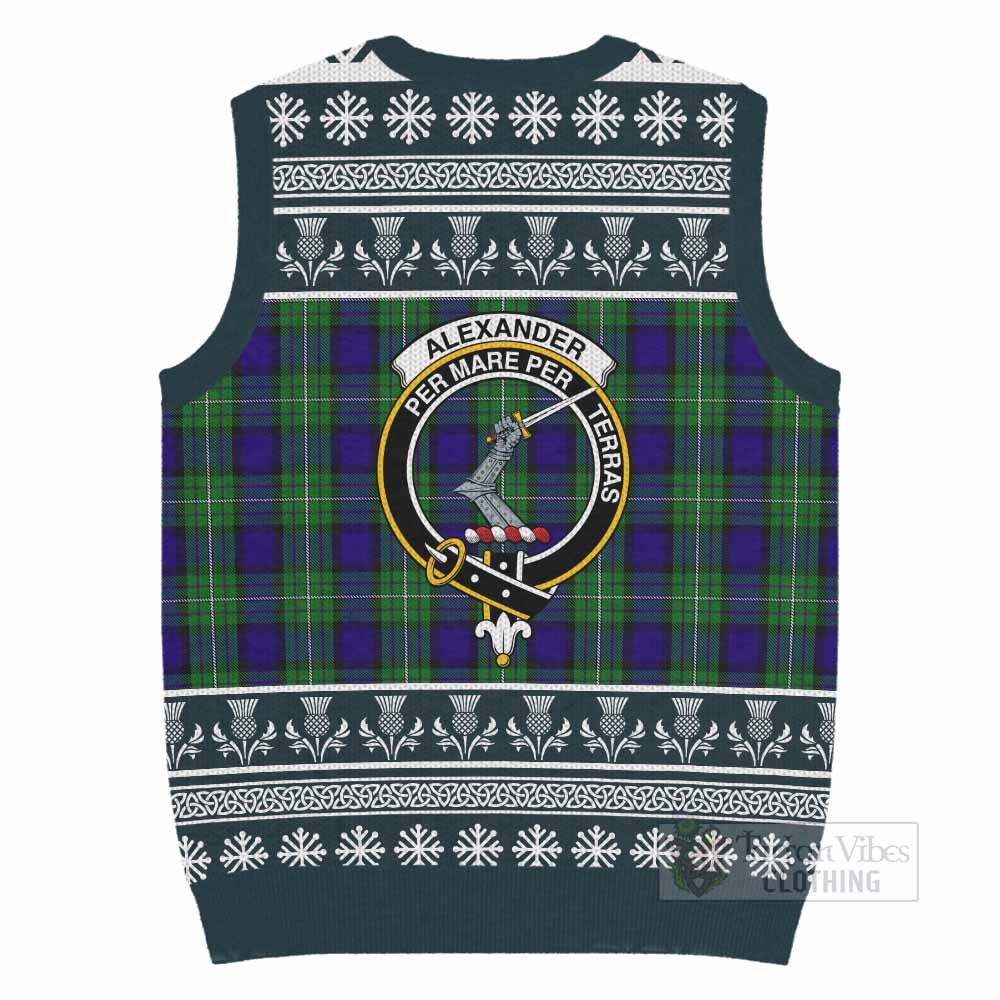 Alexander Clan Tartan Christmas Knitted V-Neck Vest with Family Crest - Tartan Vibes Clothing