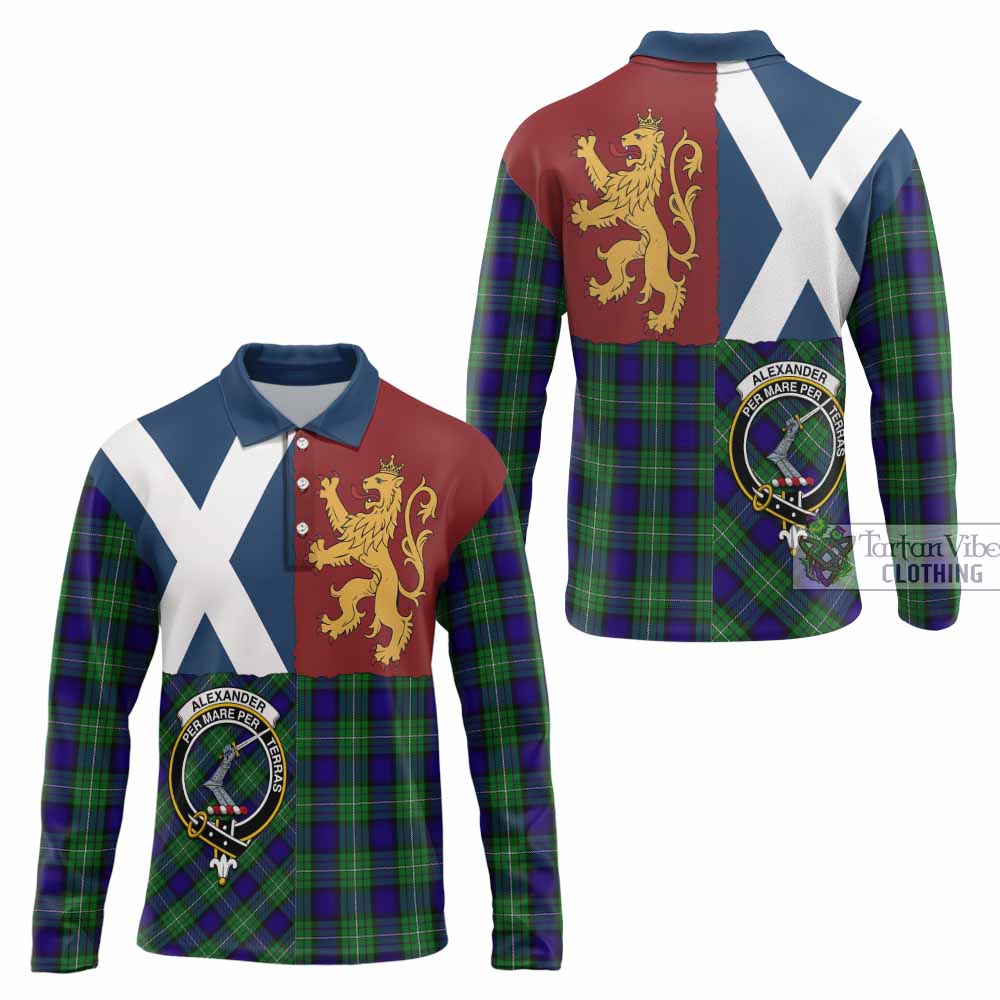Alexander Crest Tartan Long Sleeve Polo Shirt with Lion Rampant Saltire Style