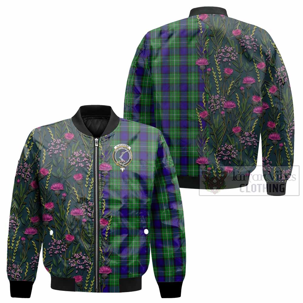 Alexander Family Crest Tartan Bomber Jacket Scottish Thistle Flower Pattern Half Style - Tartan Vibes Clothing