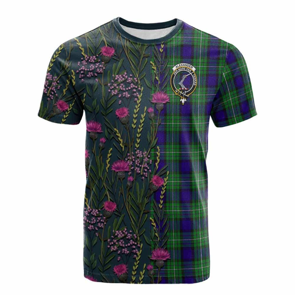 Alexander Family Crest Tartan Cotton T-shirt Scottish Thistle Flower Pattern Half Style - Tartan Vibes Clothing
