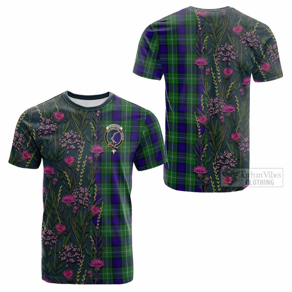 Alexander Family Crest Tartan Cotton T-shirt Scottish Thistle Flower Pattern Half Style - Tartan Vibes Clothing