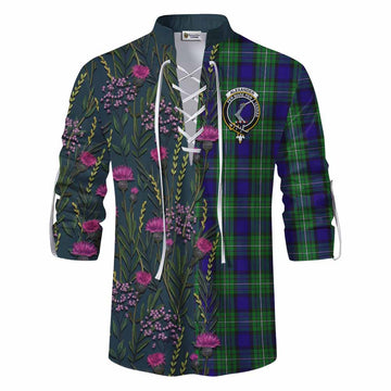 Alexander Family Crest Tartan Ghillie Shirt Scottish Thistle Flower Pattern Half Style - Tartan Vibes Clothing