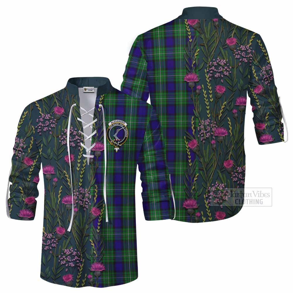 Alexander Family Crest Tartan Ghillie Shirt Scottish Thistle Flower Pattern Half Style - Tartan Vibes Clothing