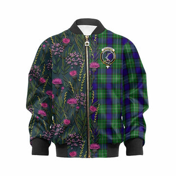 Alexander Family Crest Tartan Kid Bomber Jacket Scottish Thistle Flower Pattern Half Style - Tartan Vibes Clothing