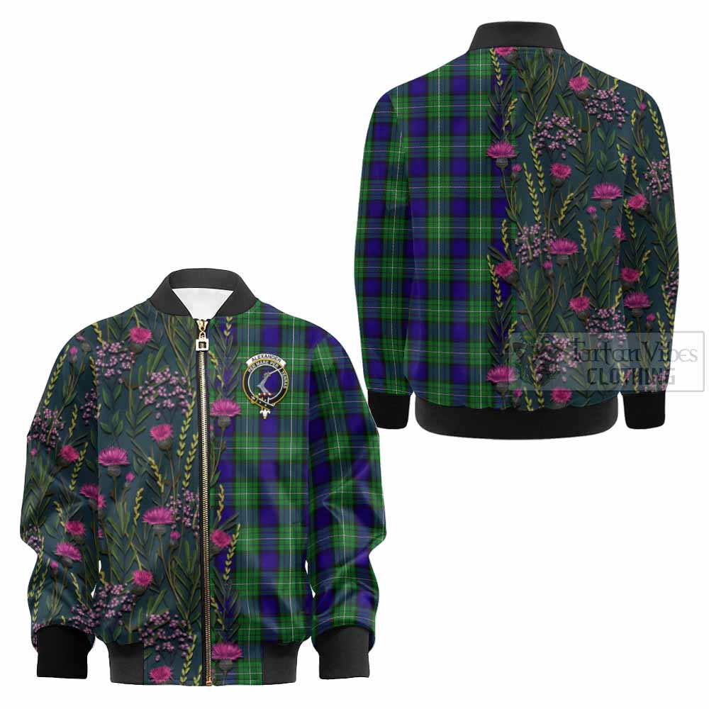 Alexander Family Crest Tartan Kid Bomber Jacket Scottish Thistle Flower Pattern Half Style - Tartan Vibes Clothing