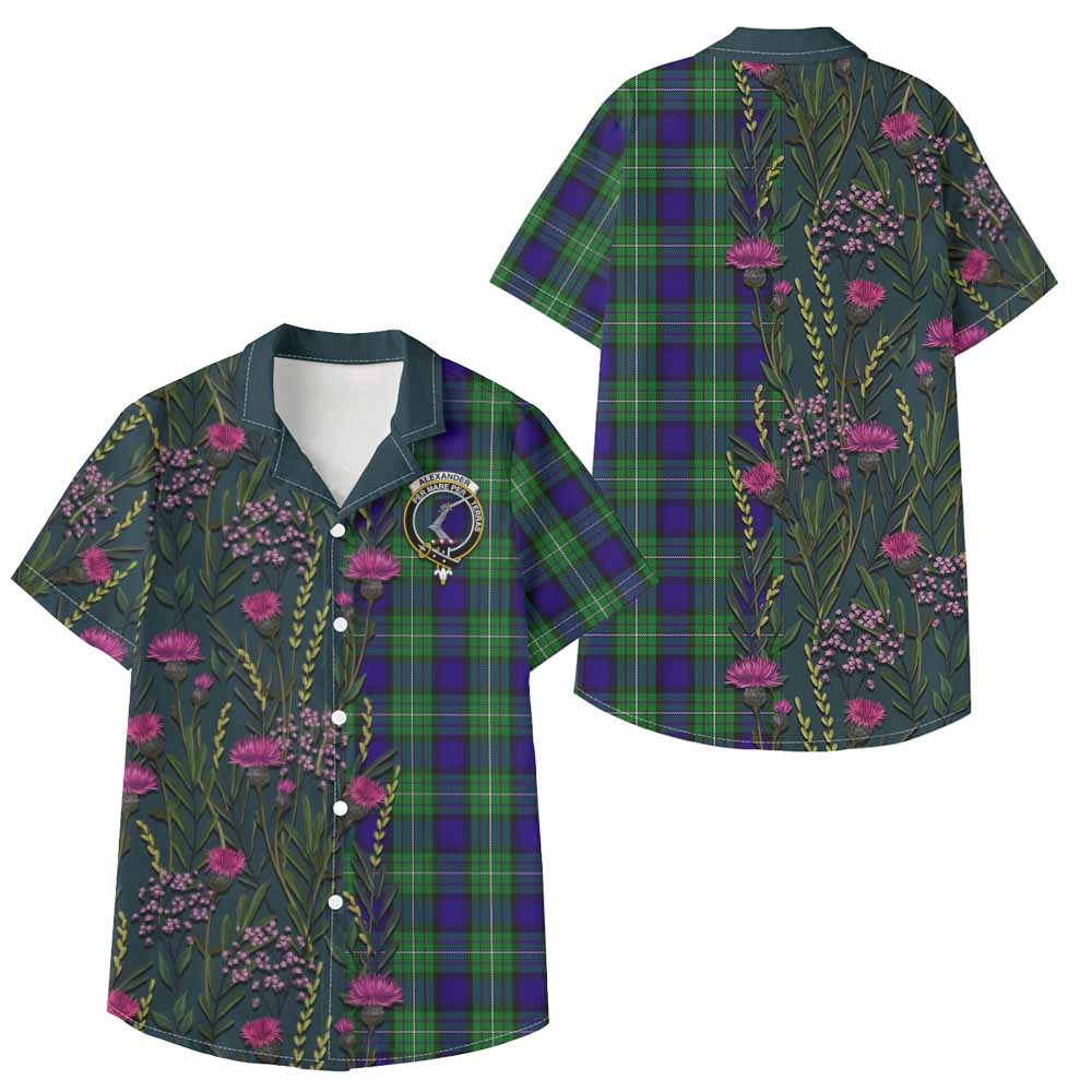 Alexander Family Crest Tartan Kid Hawaiian Shirt Scottish Thistle Flower Pattern Half Style - Tartan Vibes Clothing