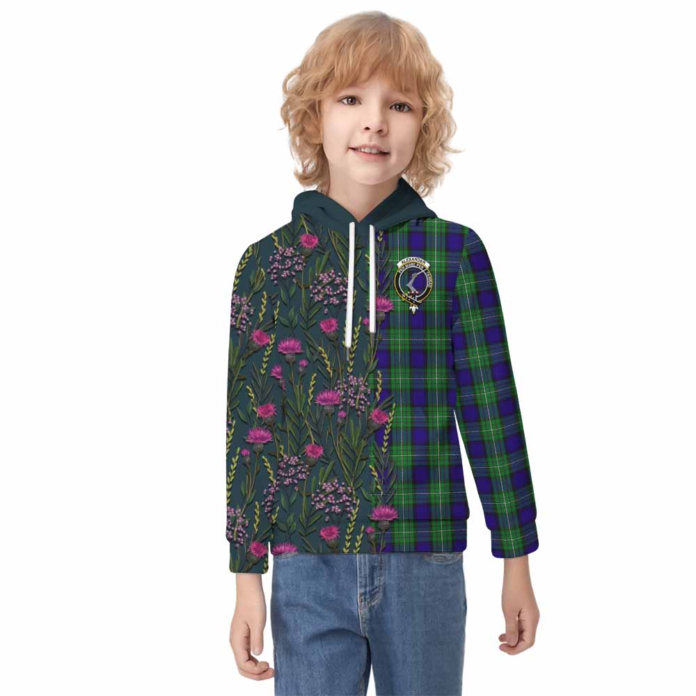 Alexander Family Crest Tartan Kid Hoodie Scottish Thistle Flower Pattern Half Style - Tartan Vibes Clothing