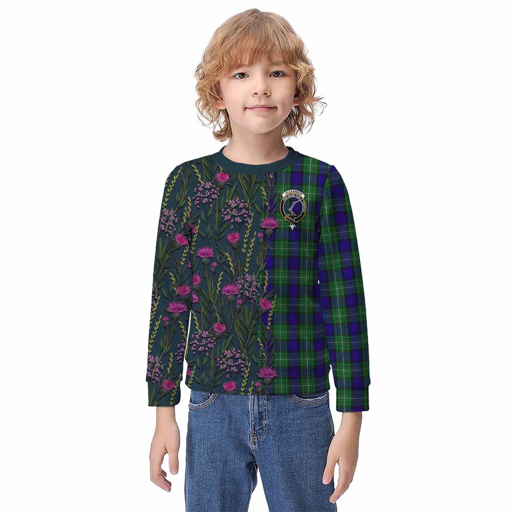 Alexander Family Crest Tartan Kid Knitted Sweatshirt Scottish Thistle Flower Pattern Half Style - Tartan Vibes Clothing