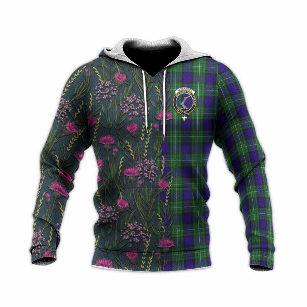 Alexander Family Crest Tartan Knitted Hoodie Scottish Thistle Flower Pattern Half Style - Tartan Vibes Clothing