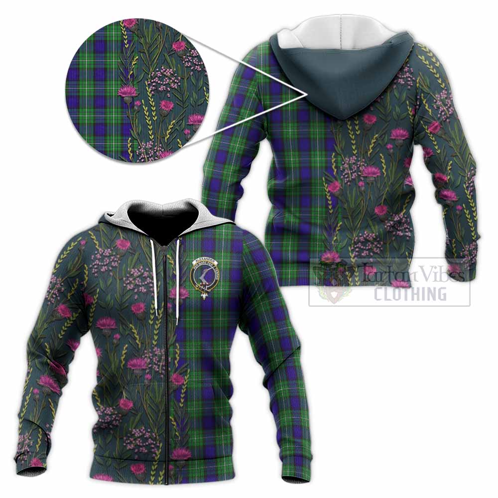 Alexander Family Crest Tartan Knitted Hoodie Scottish Thistle Flower Pattern Half Style - Tartan Vibes Clothing