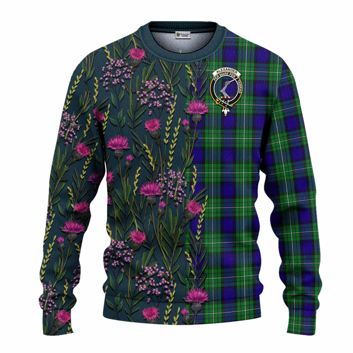 Alexander Family Crest Tartan Knitted Sweater Scottish Thistle Flower Pattern Half Style - Tartan Vibes Clothing