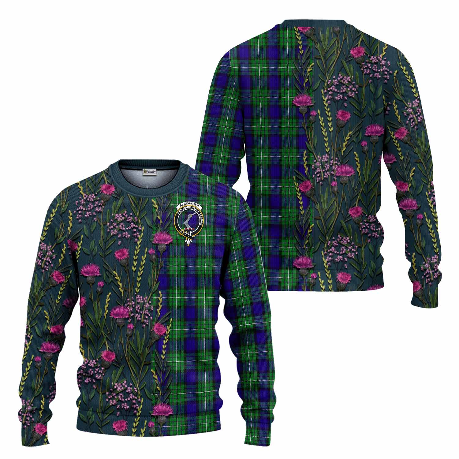 Alexander Family Crest Tartan Knitted Sweater Scottish Thistle Flower Pattern Half Style - Tartan Vibes Clothing