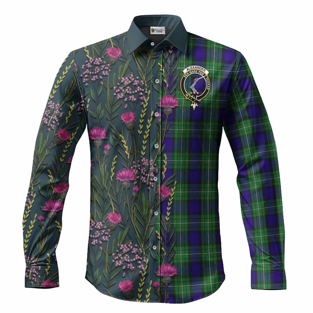 Alexander Family Crest Tartan Long Sleeve Button Shirts Scottish Thistle Flower Pattern Half Style - Tartan Vibes Clothing