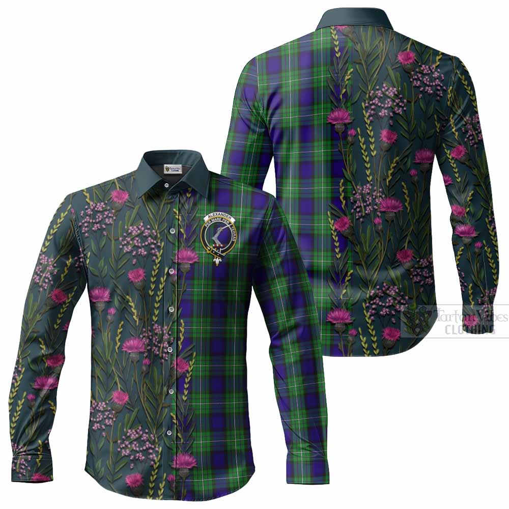 Alexander Family Crest Tartan Long Sleeve Button Shirts Scottish Thistle Flower Pattern Half Style - Tartan Vibes Clothing