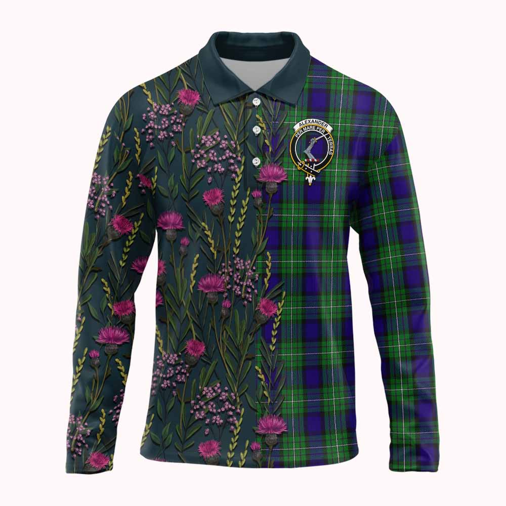 Alexander Family Crest Tartan Long Sleeve Polo Shirt Scottish Thistle Flower Pattern Half Style - Tartan Vibes Clothing