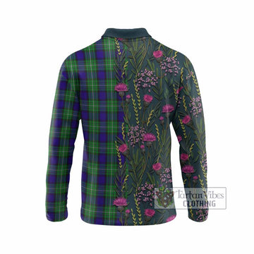 Alexander Family Crest Tartan Long Sleeve Polo Shirt Scottish Thistle Flower Pattern Half Style - Tartan Vibes Clothing