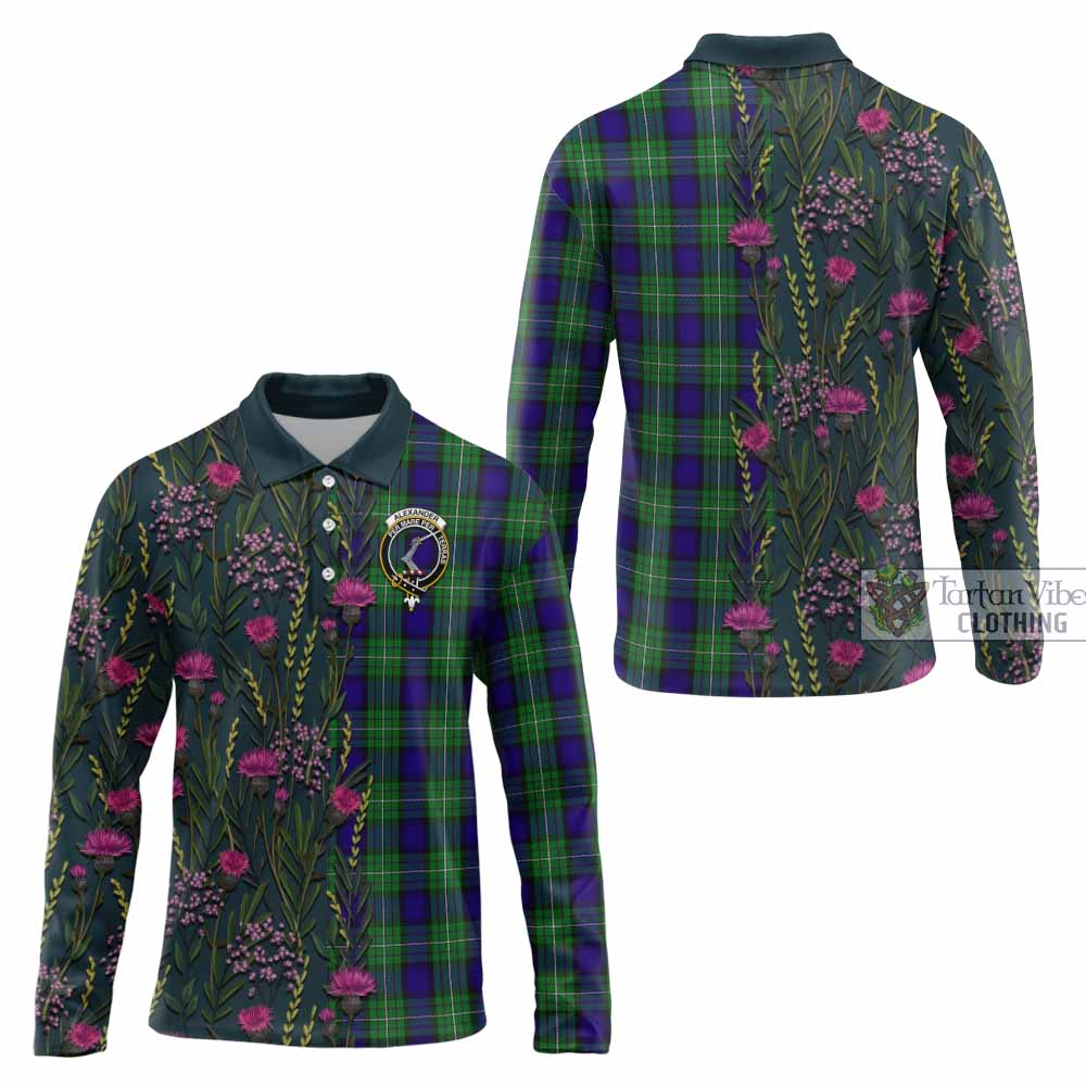Alexander Family Crest Tartan Long Sleeve Polo Shirt Scottish Thistle Flower Pattern Half Style - Tartan Vibes Clothing