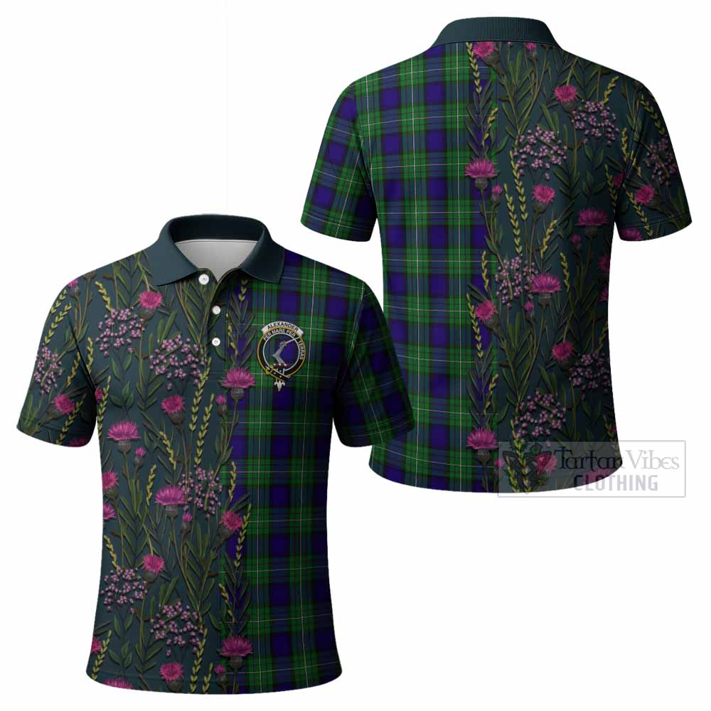 Alexander Family Crest Tartan Polo Shirt Scottish Thistle Flower Pattern Half Style - Tartan Vibes Clothing