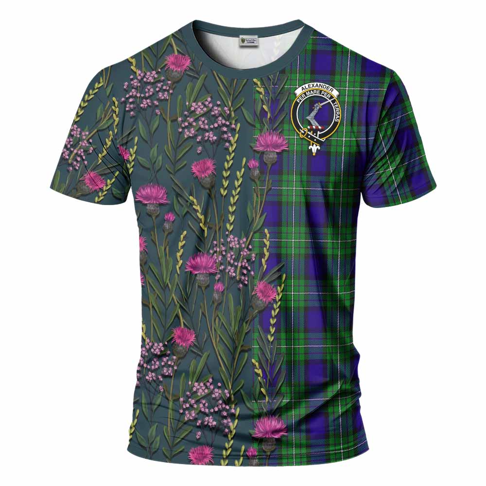 Alexander Family Crest Tartan T-Shirt Scottish Thistle Flower Pattern Half Style - Tartan Vibes Clothing
