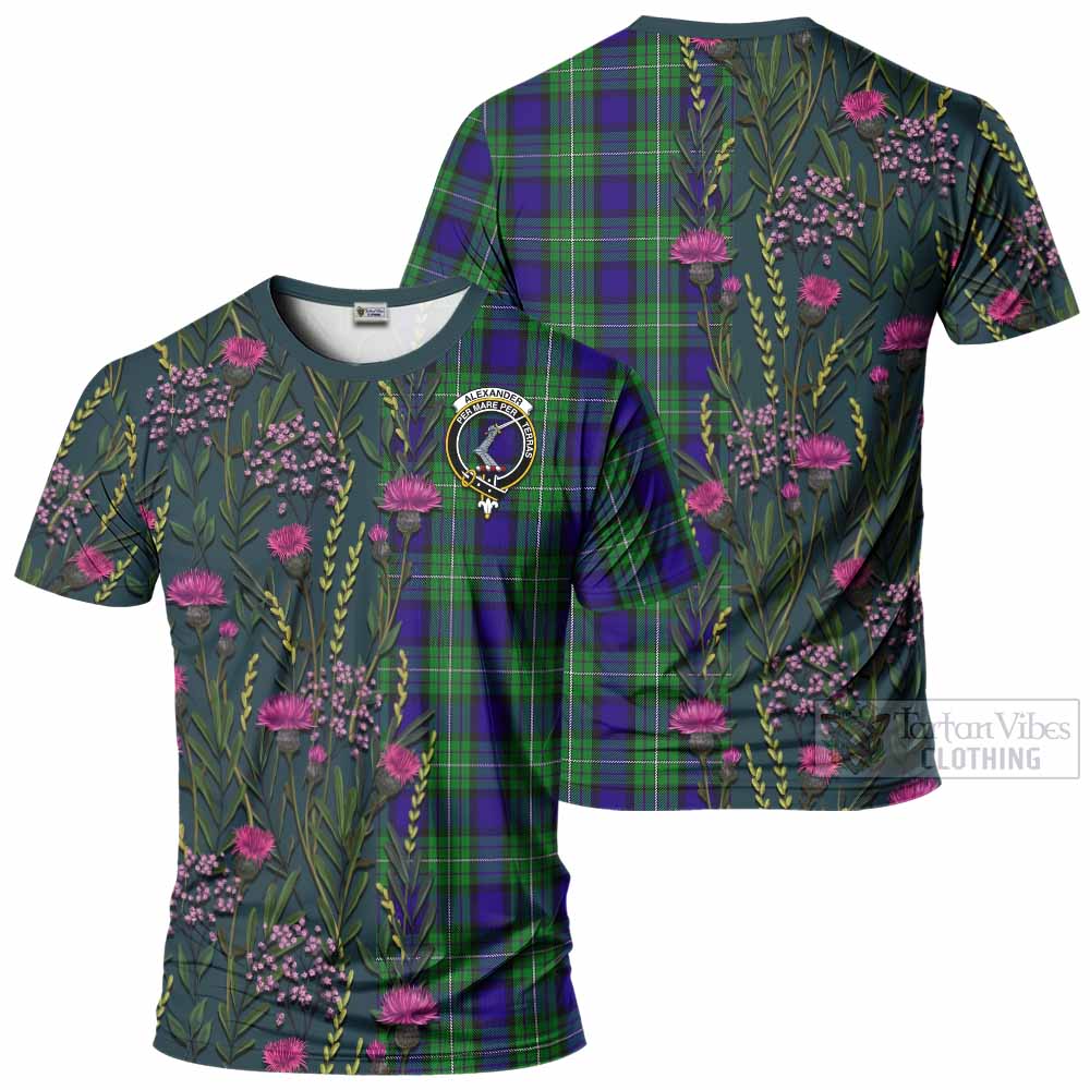 Alexander Family Crest Tartan T-Shirt Scottish Thistle Flower Pattern Half Style - Tartan Vibes Clothing
