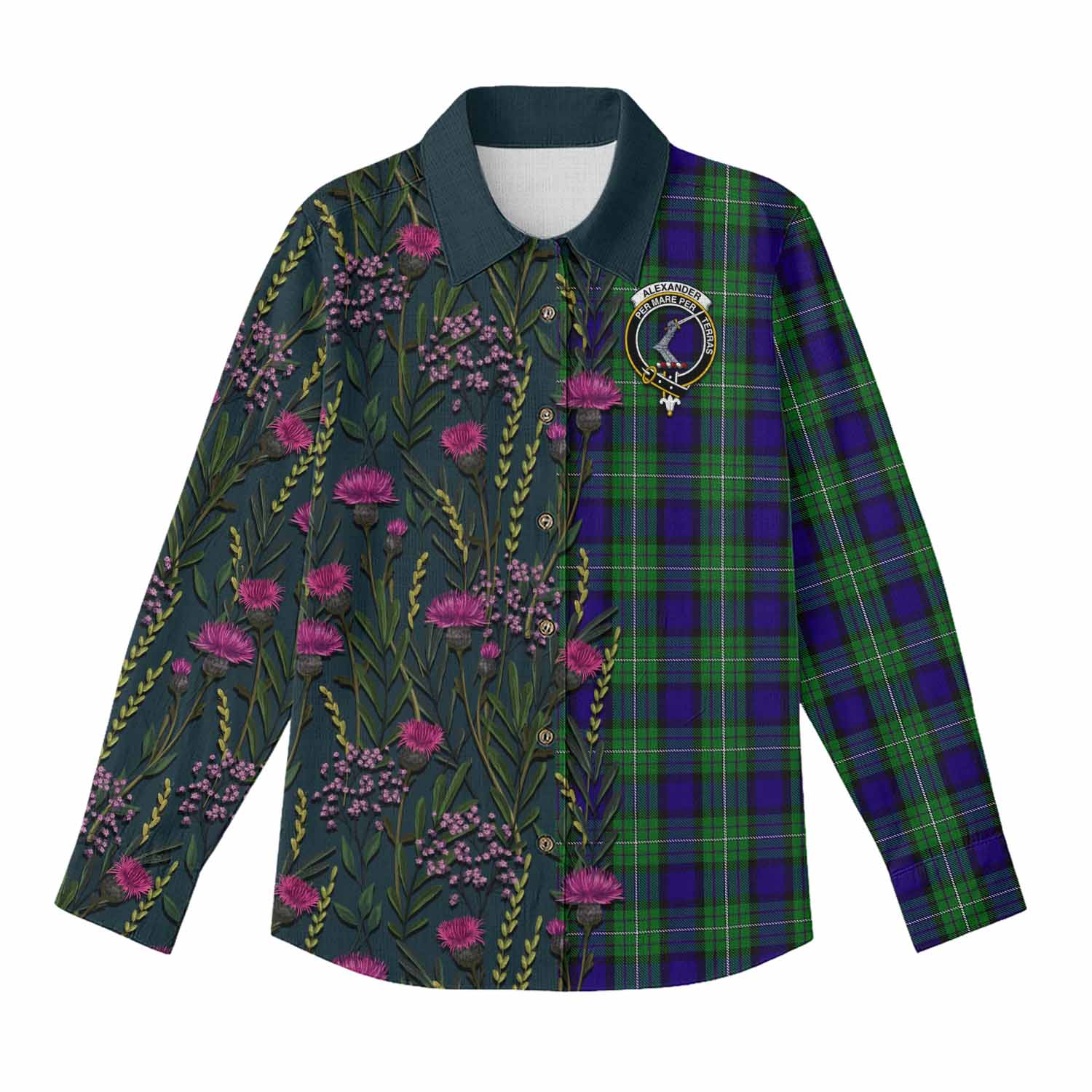 Alexander Family Crest Tartan Women Casual Shirt Scottish Thistle Flower Pattern Half Style - Tartan Vibes Clothing
