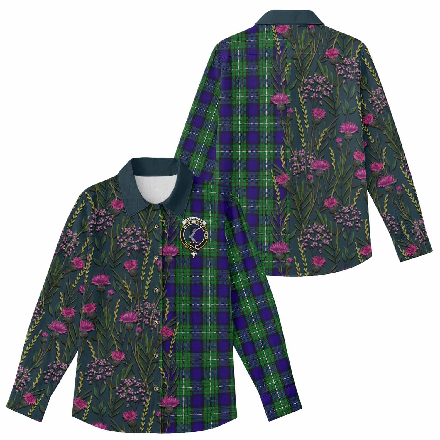 Alexander Family Crest Tartan Women Casual Shirt Scottish Thistle Flower Pattern Half Style - Tartan Vibes Clothing