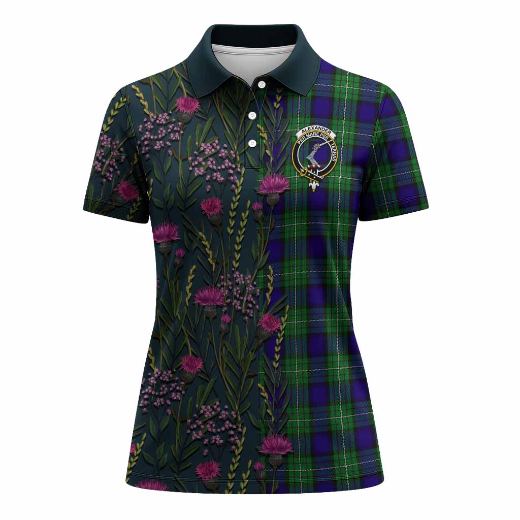 Alexander Family Crest Tartan Women Polo Shirt Scottish Thistle Flower Pattern Half Style - Tartan Vibes Clothing