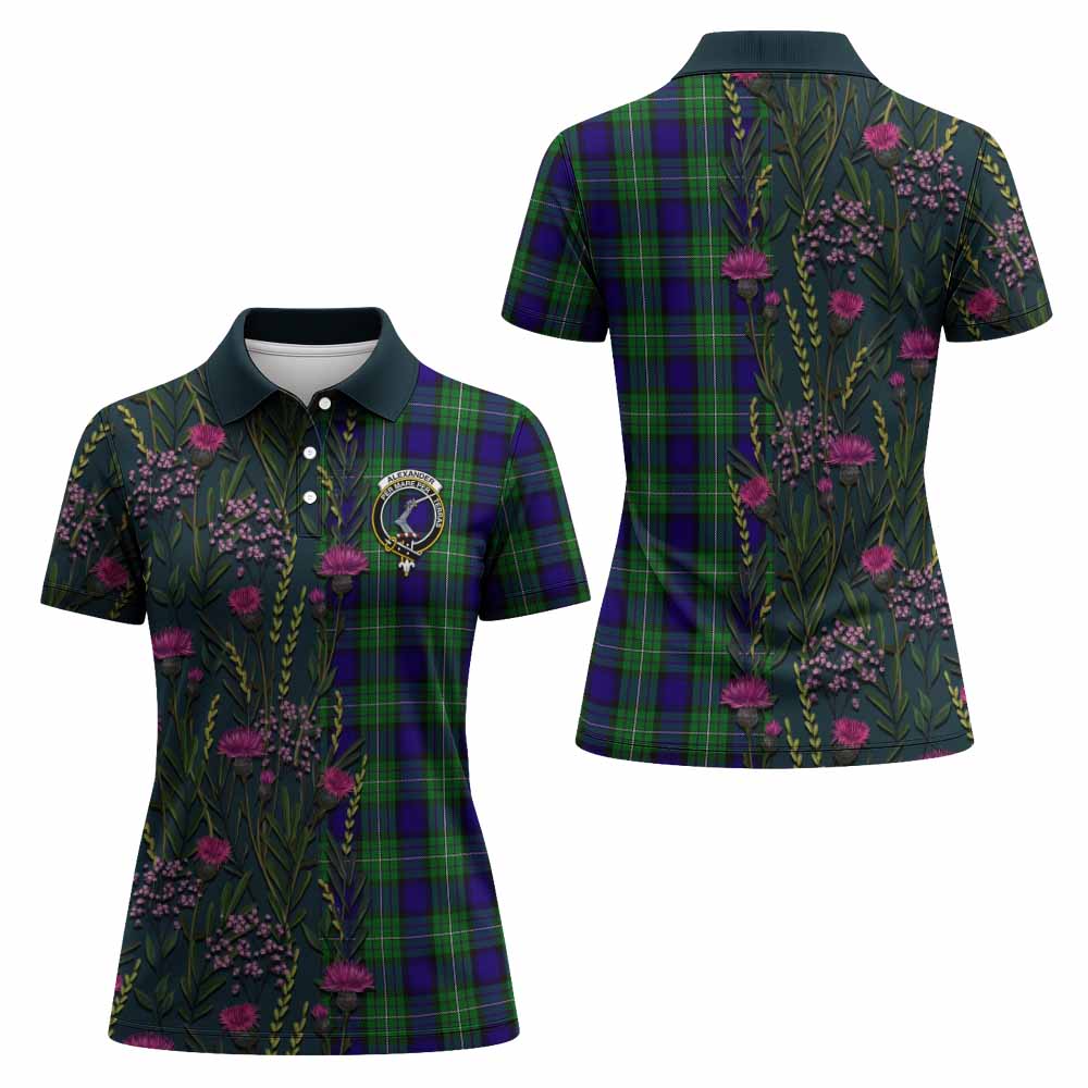 Alexander Family Crest Tartan Women Polo Shirt Scottish Thistle Flower Pattern Half Style - Tartan Vibes Clothing