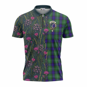 Alexander Family Crest Tartan Zipper Polo Shirt Scottish Thistle Flower Pattern Half Style - Tartan Vibes Clothing
